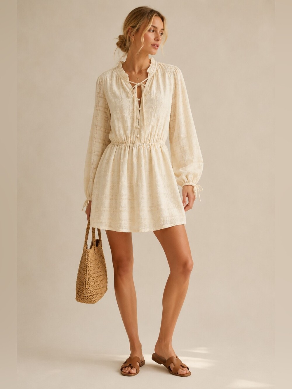 Saks Fifth Avenue Cream Textured Mini, L, Coastal, Quiet Luxury, Euro-Summer
